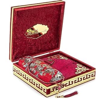 ihvan online Luxury Islamic Prayer Velvet Covered Gift Box, Deluxe 4 Piece Set with Elegant Velvet Covered Quran & Prayer Beads Tesbih & Prayer Rug, Ramadan & Eid Gift, Burgundy