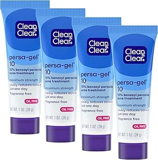 Clean & Clear Persa-Gel 10 Oil-Free Acne Spot Treatment with Maximum Strength 10% Benzoyl Peroxide, Topical Pimple Cream & Acne Gel Medication for Face Acne, Fragrance-Free, 1 fl. oz, 4 Pack