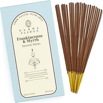 - Frankincense and Myrrh Incense Sticks, Organic Hand Dipped 100 Sticks with Natural Herbs & Aromatic Ingredients, Burn Time 45 to 60 Minutes, Incense for Positivity, Yoga, Meditation, Spiritual Gift
