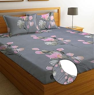 BSB Home Premium Cotton All Round Elastic Fitted Bedsheets with 2 Pillow Covers | Double Bed with Longlasting 180 TC Supersoft Wrinklefree | for 78x72+10 Mattress (Floral, Grey & Pink)