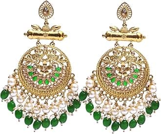 Crunchy FashionBollywood Jewellery Traditional Ethnic Bridal Bride Wedding Bridesmaid Gold Tone Big Indian Chandbali Jhumka Earrings Jewelry Set For Women