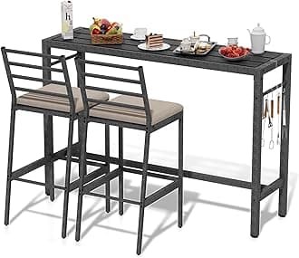 3Pcs Patio Outdoor Bar Set, 55" Patio Bar High Top Table and Chairs Set, Metal Rectangular Garden Bar Stools with 2 Cushioned, for Outside Patio Balcony Backyard Porch Deck