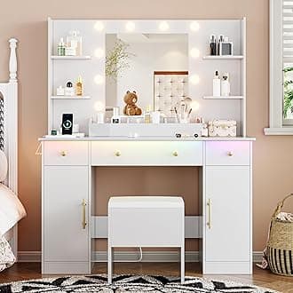 Vanity Desk with Mirror and Lights, 43'' White Makeup Dressing Table Set with 5 Drawers & Chair, Power Outlet, 3 Lighting Modes Adjustable Brightness & RGB LED for Women Girls Bedroom Bathroom