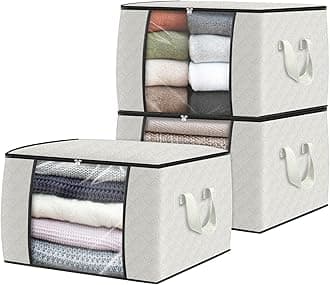 Fab totes 3 Pack Clothes Storage, Foldable Thick Fabric Blanket Storage Bags, Containers for Organizing Bedroom, Closet, Clothing, Comforter,Organization with Handle,Ivory White