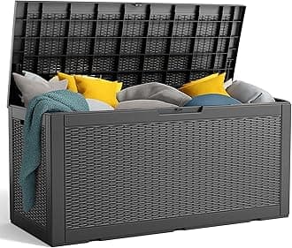 100 Gallon Resin Deck Box, Lockable Patio Outdoor Storage Box for Furniture, Garden Tools and Tools Storage, Waterproof Outside Storage Boxes - Black