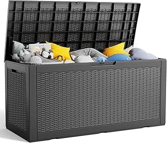 PatioZen 100 Gallon Deck Box, Large Resin Outdoor Storage Box Waterproof, Outside Deck Box with Lockable Lid for Patio Furniture, Pool Toys, Outdoor Toys and Garden Tools, Black