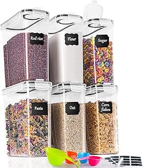 Airtight Food Storage Containers with Lids: 2.5LX6 Pcs Plastic Food Containers | Kitchen & Pantry Organizers and Storage for Cereal, Flour, Sugar, Snacks | Includes Spoons, Labels, Marker