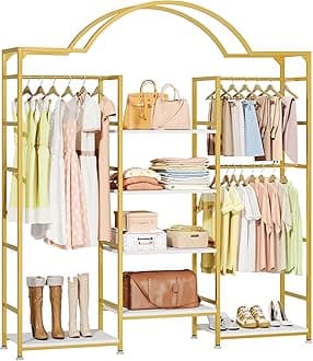 DWVO Heavy Duty Clothes Rack with Storage Shelves, Closet Organizer System for Hanging Clothes, 4-Tier Garment Rack Wardrobe with 3 Hanging Rods and 6 Shelves, Gold