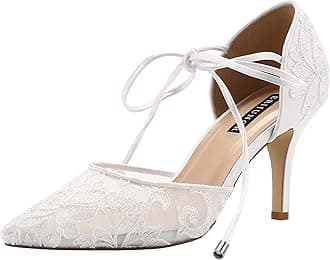 Ivory Lace Mesh Satin Bridal Wedding Shoes for Women Comfortable Mid Heel Tie Up Ankle Strap Pointy Toe Pumps