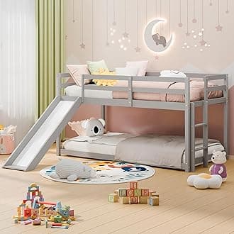 MU Low Bunk Bed with Slide, Twin Over Twin Bunk Bed, Solid Wood Bed Frame with Climbing Ladder & Safety Guard Rail, Floor Loft Bed with Storage Space for Kids Toddler, Grey