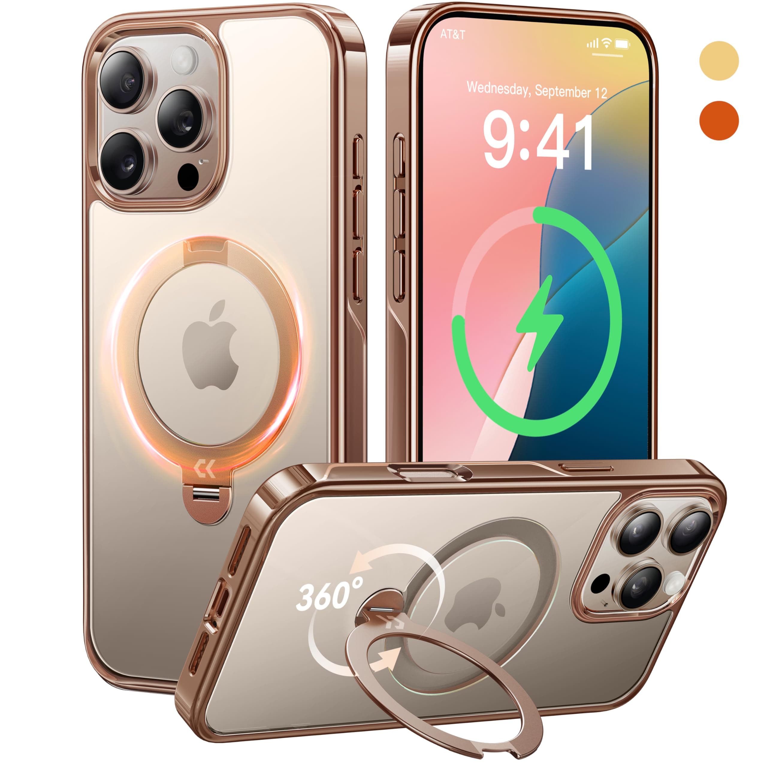 CASEKOO 360 Spin Magnetic Stand for iPhone 16 Pro Max Case Desert Titanium [Compatible with Magsafe][16FT Military Protection] Slim Hand-Polished Frame Titanium Alloy Sturdy Stand 6.9", Rose Gold