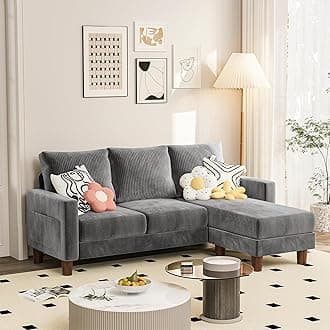 JUMMICO Couch for Small Living Room, 72" Small Sofa with Reversible Ottoman, 3 Seat L-Shaped Sofas, Comfy Couches for Apartment (Corduroy, Grey)