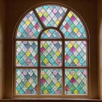 FEOMOS Stained Glass Window Film, Window Privacy Films, Colorful Lattice Window Tint, Rainbow Glass Decals Stickers for Home Anti UV 17.3 x 78.7 inches