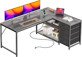 PRAISUN 53" L Shaped Desk with Power Outlets and USB-C Port, Reversible Computer Corner Office Desk with 4 Fabric Drawers and 2 Height-Adjustable Shelves, Large for Gaming Writing Work Study, Grey