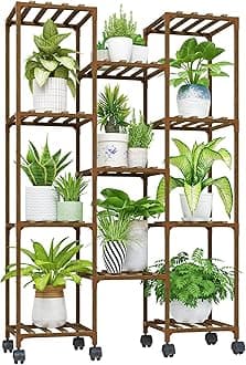 Bamworld Plant Stand With Wheels Indoor Outdoor Wood Plants Shelf for Multiple Plants 11 Pots Tall Large Flower Holder for Living Room Patio Balcony Garden