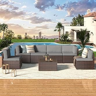 U-MAX 7 Piece Outdoor Patio Furniture Set, PE Rattan Patio Brown Wicker Sectional Furniture Chair Set with Cushions and Tea Table, Brown Rattan and Dark Grey Cushion