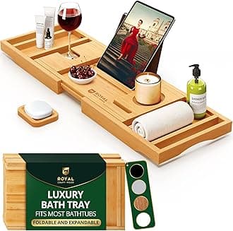 Royal Craft Wood Luxury Bathtub Caddy Tray, One or Two Person Bath and Bed Tray, Bonus Free Soap Holder (Natural Bamboo Color)