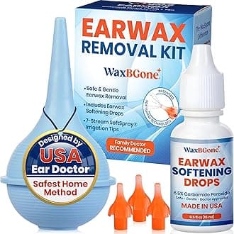 Earwax Removal Kit with Drops, Large 2-oz Ear Bulb Syringe & 3 SoftSpray Tips - Safe & Effective Ear Cleaning Kit - Wax Softening Formula Dissolves Earwax with Gentle Foaming Action - 0.5 Oz