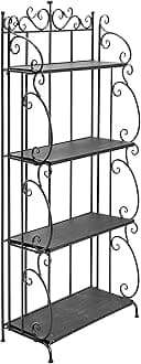 MyGift Black Metal Freestanding Shelf Rack, Decorative Bakers Rack Bookshelf Storage Shelf Unit with Metal Scrollwork Frame, Indoor Plant Pot Display Stand with 4 Wood Shelves
