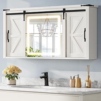 DWVO Medicine Cabinet Mirror, Bathroom Wall Cabinet w/Lights and Sliding Barn Door, Lighted Medicine Cabinet Storage Cabinet for Bathroom with Adjustable Shelf, 3-Color Memory Mode LED, 47" White Oak