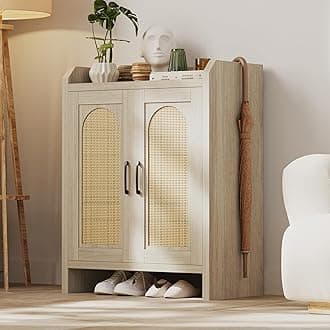 Mericonia Shoe Cabinet Storage for Entryway, Rattan Storage Cabinet, Wooden Shoe Rack with Doors, Farmhouse Boho Wood Shoe Organizer Cabinet for Hallway (Oak)