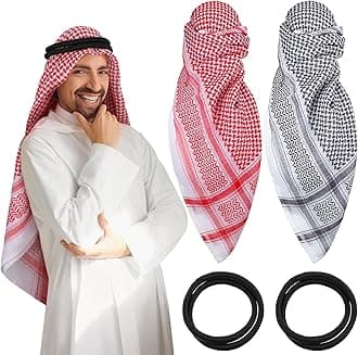 2 Pcs Arab Shemagh Muslim Keffiyeh Head Scarf for Men with Lgal Aqel Rope Arab Costume Halloween Costume Accessories