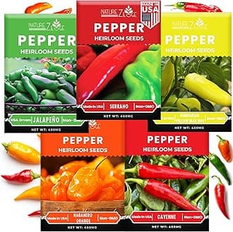 Hot Pepper Seeds for Planting, Cayenne, Hungarian Yellow, Jalapeno, Serrano, Habanero Orange, Heirloom Pepper Seeds Variety Pack, NonGMO, Made in USA