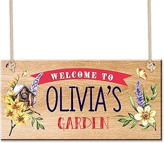 Personalised Garden Sign and Plaques Wooden Signs Garden Signs Welcome Sign Door Hanging Wall Sign Yard Signs House Plaque Home Decor with Any Name Christmas Gardening Gifts for Women(Design 4)