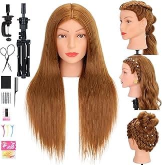 Mannequin Head with 80% Human Hair Cosmetology Practice Doll Head for Braiding Cutting Styling 26-28” Manikin Head with Tools and Tripod Stand (Blonde)