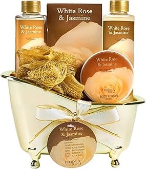 White Rose Jasmine Spa Set For Women in Elegant Gold Tub Includes Shower Gel, Bubble Bath, Body Lotion, Jasmine Bath Salt, Pouf, Award Winning Bath Body Set Luxury Body Care Mothers Day Gifts for Mom