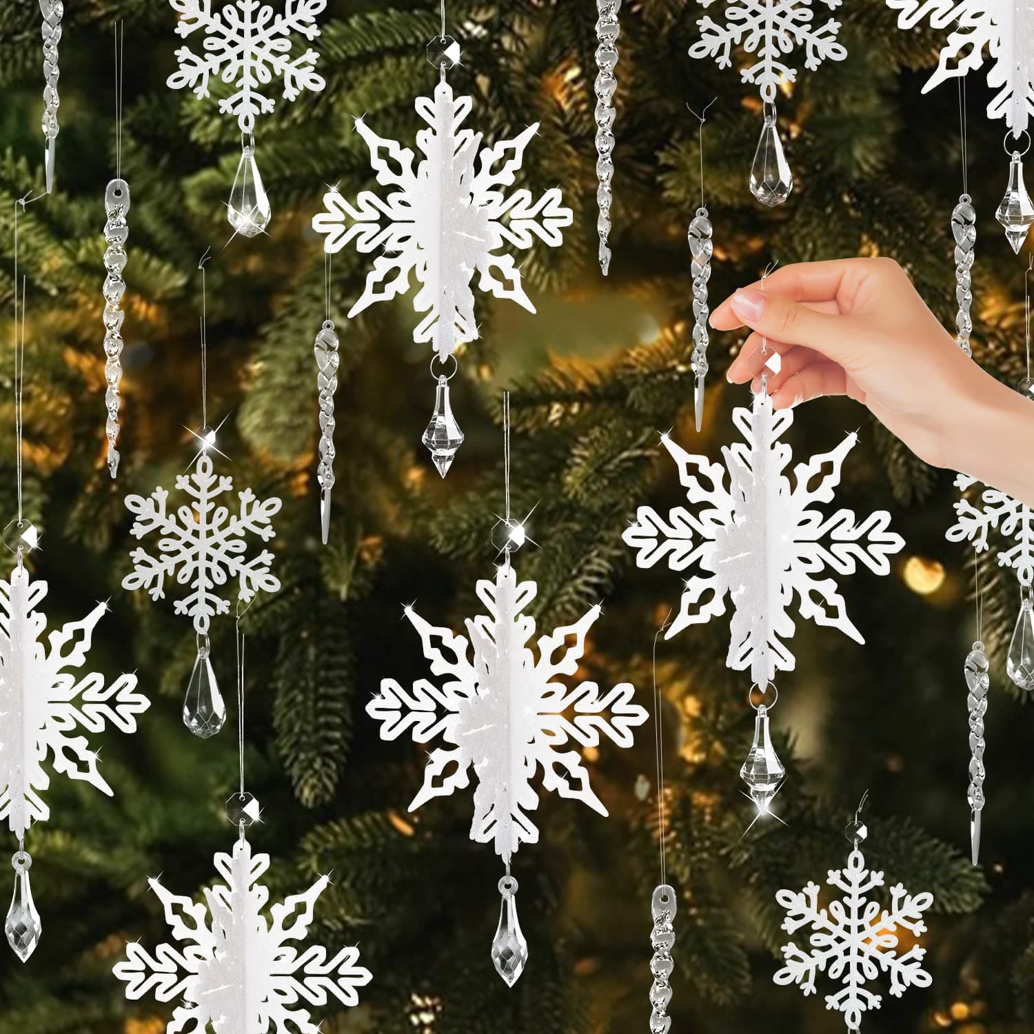 24 Pack Snowflake Ornaments Drop 3D Christmas Tree Decorations New Year Party Decorations Supplies Xmas Tree Window Door Room Accessories
