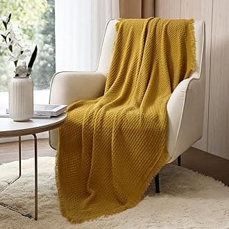 CREVENT Soft Lightweight Boho Crochet Decorative Spring Throw Blanket for Couch Sofa Chair Bed Home Decoration (50''X60'' Mustard / Yellow)