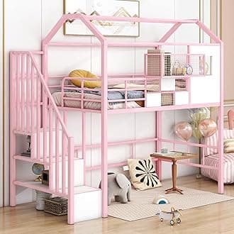 Twin House Loft Bed with Slide and Stairs, Metal Loft Bed with Storage Shelve for Kids, Metal Twin Loft House Bed with Storage, Pink