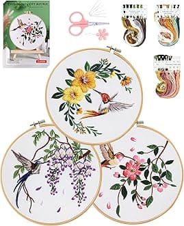 Santune 3 Sets Embroidery kit for Beginners Adults with Stamped Hummingbird Patterns,Cross Stitch Kits Including Clear Instructions,Video Tutorials,Hoop,Color Threads and Tools