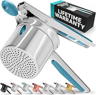 PriorityChef Large 15oz Potato Ricer, Heavy Duty Stainless Steel Potato Masher and Ricer Kitchen Tool, Press and Mash Kitchen Gadget For Perfect Mashed Potatoes - Everytime, Silver and Turquoise
