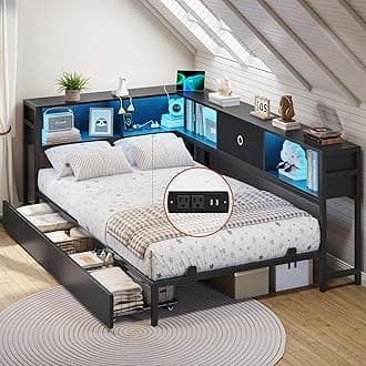 Twin Corner Bed Frame with Bookcase Storage and Led Lights Twin Size Metal Platform Bed Frames with Storage Drawers and Charging Station Twin Size Daybed for Kids and Teen,Kids Bed Frame,Black