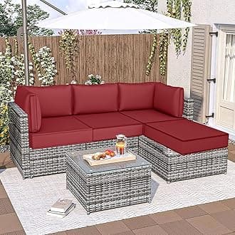 Outdoor Sectional Cushions, 5" Replacement Cushions for Patio Furniture, 9 Piece Water-Resistant Couch Cushion Replacement Set, for 4-seat Patio L Shaped Wicker Sofa (Wine Red)
