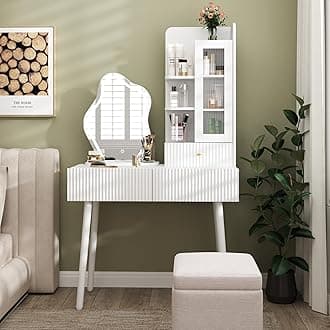 Wakefit 35'' Vanity Desk with Mirror and Lights, White Makeup Table with Irregular Mirror, Large Dressing Desk with Drawers and Cabinet, LED Light with 3 Color Modes and Adjustable Brightness