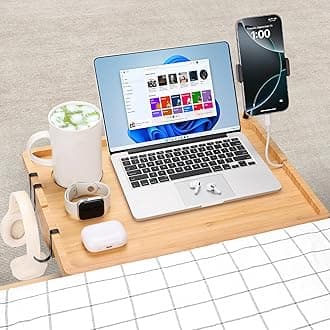 Bedside Shelf for Dorm Bed & Top Bunk, Bamboo Bed Side Table Tray with Cup Phone Holder & Hooks, Clip on Nightstand Bedside Storage College Dorm Room Essentials (Bamboo)