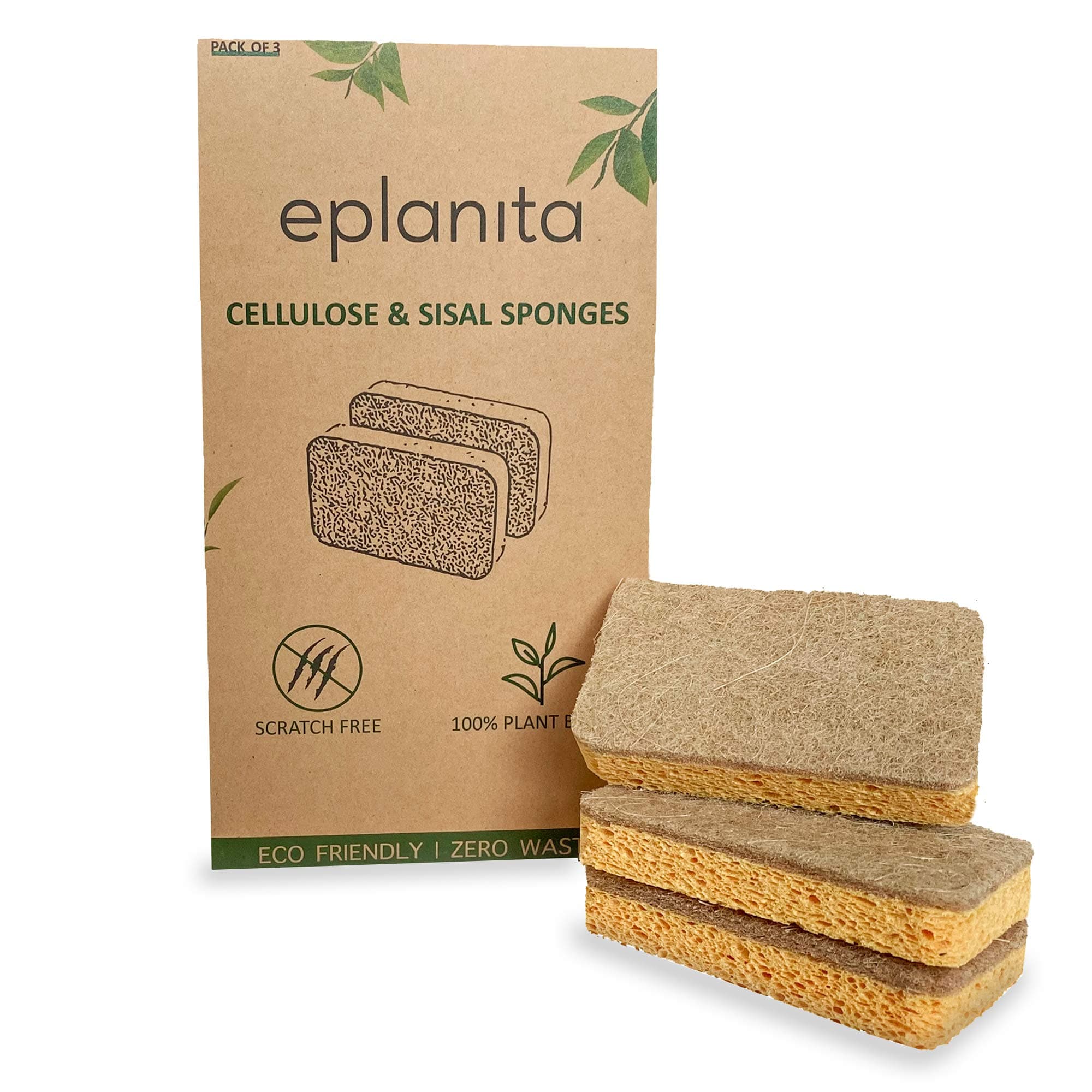 eplanita Natural Plant Based Scrub Sponges (3 Pack), Non-Scratch, Biodegradable Eco Scourers for Kitchen and Bathroom