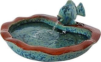 Sunnydaze Glazed Ceramic Fish 7-Inch Outdoor Garden Fountain - Outdoor Tabletop Fountain for Patio, Deck, Garden - Aqua and Brown