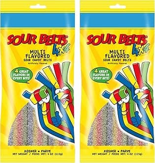 Snacktery Rainbow Sour Belts - Vibrant & Tangy Colorful Rainbow Sour Strips - Non GMO, Vegan & Kosher Sour Gummy Candy - 4 Ounce, 2 Pack