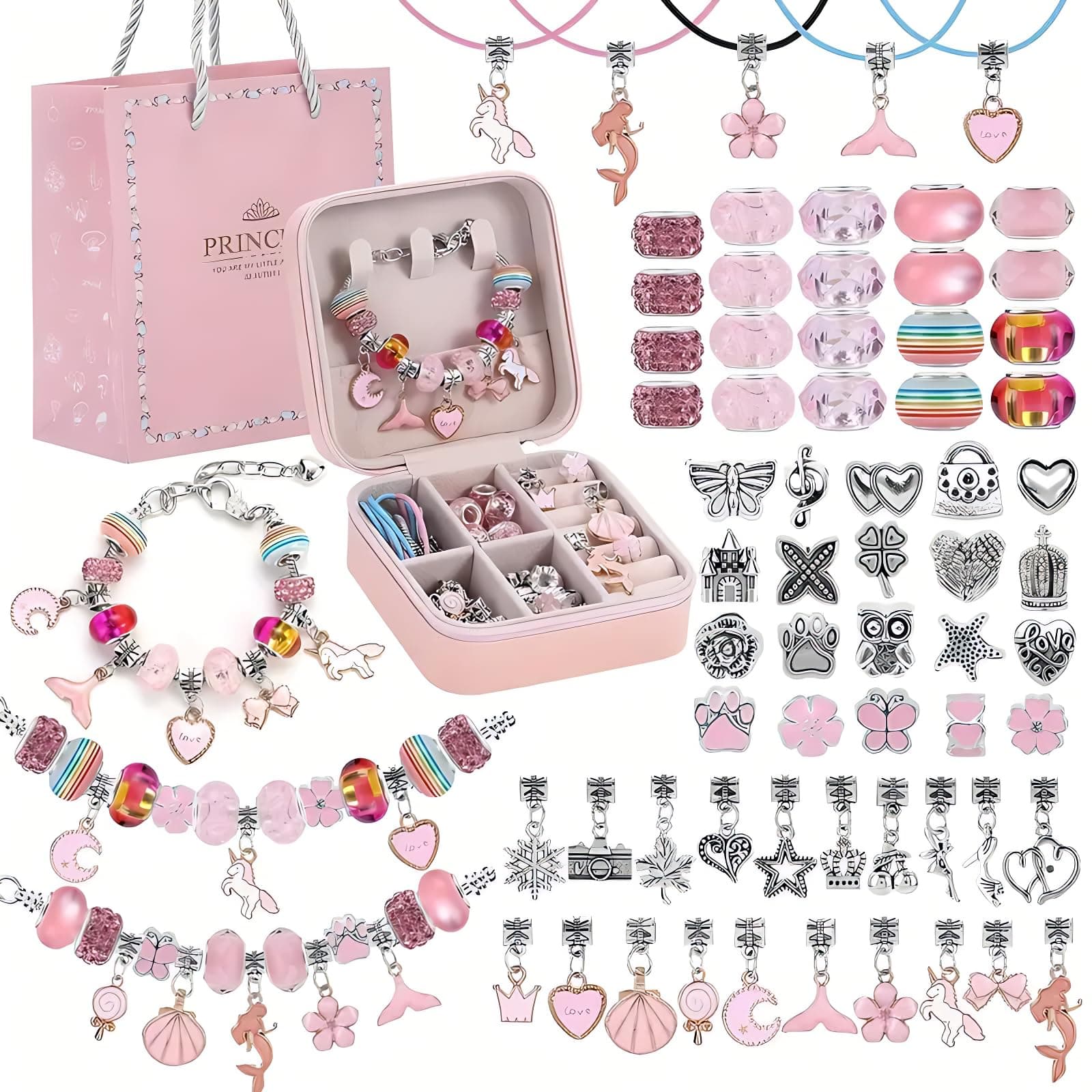 Beauenty Bracelet Making Kit for Girls,68PCs Charm Bracelets Kit with Jewelry Box, Jewelry Charms, Bracelets for DIY Craft, Bracelet Gift for Adults and Kids，Present For 3-12 Year Old Girl (pink)