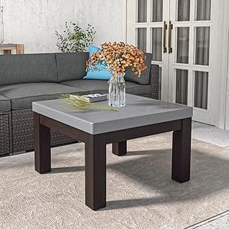 SUNBURY Outdoor Side Table, 26" W Concrete Coffee Table w Solid Wood Legs, Outdoor Patio Coffee Table, Square Coffee Table for Patio, Garden, Dark Grey