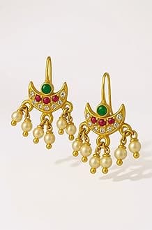 FASHIONS 18K Gold Plated Anti Tarnish White Pearl Ruby Emerald Stone Half Moon Peacock Shape Maharashtrian Traditional bugadi Upper Ear Clip on Pressing Earrings For Women & Girls