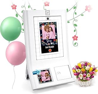 HP Sprocket Photo Booth Machine Instant Color Photo Printer - 10.1" Touchscreen, LED Ring Light - Customize w/250+ Fun Frames, Prints on 3x4 Zink Paper or Share via QR Code, Mobile Notify App - White