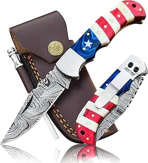 Damascus Steel Pocket Knife with Clip and Leather Sheath - EDC Knife for Outdoor and Camping Activities, Handmade Folding Knife, Free knife Sharpner (American Flag handle) (American Flag Handle)