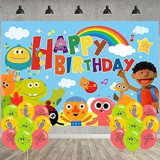 Super Simple Songs Birthday Party Decoration,Super Songs Party Photo Background 5 x 3 FT and 18 Pcs Balloon,Kids Songs Merch Party Backdrop Supplies