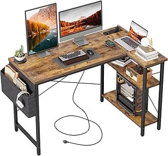TIQLAB L Shaped Computer Desk with Power Outlets, 47 Inch Small Corner Desk with Reversible Shelves, Gaming Desk Computer Table Study Writing Desk for Home Office Small Space, Rustic Brown