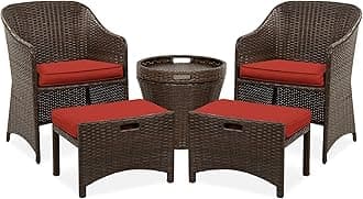 Best Choice Products 5-Piece Outdoor Patio Furniture Set, No Assembly Required Wicker Conversation Bistro & Storage Table for Backyard, Porch, Balcony w/Space-Saving Design - Brown/Red